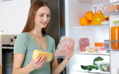Kobieta wybiera wędlinę z lodówki, uważając na potencjalną obecność listerii. Obok ser i inne produkty.