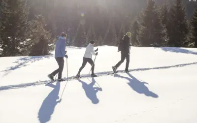 Tre persone camminano con le ciaspole su un sentiero innevato, godendosi le loro esperienze sulla neve in un bosco di abeti.