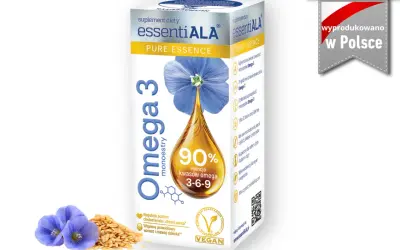 Opakowanie suplementu diety essentiaALA Omega-3 z nasion lnu. Dowiedz się, omega-3 po jakim czasie efekty przynosi, wspierając serce i rozwój.