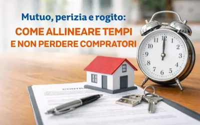 Mutuo, perizia e rogito: allineare i tempi è cruciale per non perdere compratori. Casa, chiavi, contratto e sveglia simboleggiano l'urgenza.