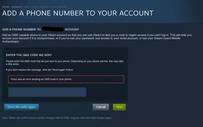 Ekran Steam z komunikatem o błędzie wysyłania kodu SMS na telefon.