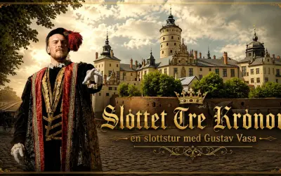 Gustav Vasa pekar mot slottet Tre Kronor, där han bodde. En kunglig gestalt i historisk dräkt framför ett ståtligt slott.