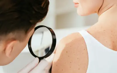 Dermatologia co to? Lekarz ogląda pieprzyki na ramieniu pacjentki przez lupę.