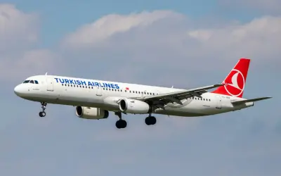 Turkish Airlines flygplan med landningsstället nere, redo för landning. Perfekt för din turkish airlines handbagage-resa.