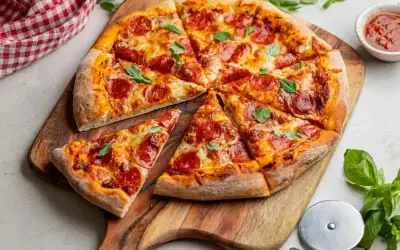 Pyszna pepperoni pizza z ciągnącym serem i świeżą bazylią, gotowa do podania na drewnianej desce.