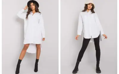 Dwie kobiety prezentują białą koszulę plus size. Jedna w czarnym kapeluszu i botkach, druga w beżowym kapeluszu i czarnych legginsach.
