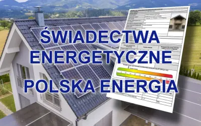 Świadectwo energetyczne mieszkania z panelami słonecznymi na dachu. Dokument potwierdza efektywność energetyczną budynku.
