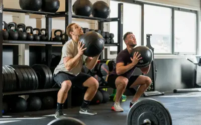 Deux hommes font des squats avec des medecine balls. Un bon sport pour maigrir et se muscler.