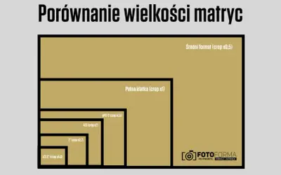 Porównanie wielkości matryc od średniego formatu po 1/2,3". Każda kolejna matryca jest mniejsza.