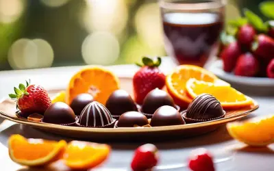 Assortiment de chocolats fins, fraises et quartiers d'orange, un délice pour les sens. L'orange au chocolat, une combinaison parfaite.