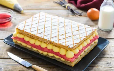 Una deliziosa torta diplomatica, con strati di pasta sfoglia, crema pasticcera e fragole, pronta per essere gustata.