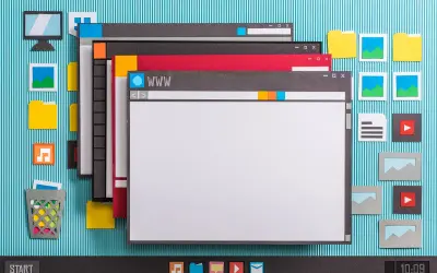 Papierowy pulpit z oknami, ikonami i paskiem zadań. Wygląda jak asystent aktualizacji Windows 11.