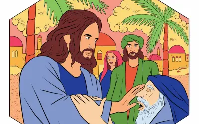 Jesus, der wie ein Moslem gekleidet ist, heilt einen Mann. Palmen und orientalische Gebäude im Hintergrund.