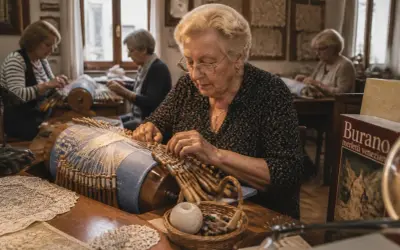 Donne anziane creano merletti a tombolo, un'arte tradizionale di Burano. I loro fili intrecciati danno vita a delicati ricami.