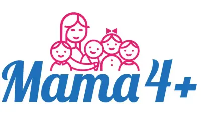Logo "Mama 4+" z uśmiechniętą mamą i czwórką dzieci. Symbolizuje emeryturę dla matek 4 dzieci, które pracowały.