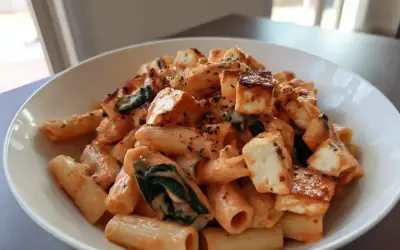 En skål med krämig halloumi pasta med spenat och kryddor.
