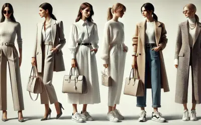 Sześć kobiet prezentuje eleganckie, casualowe stylizacje w odcieniach beżu i bieli.
