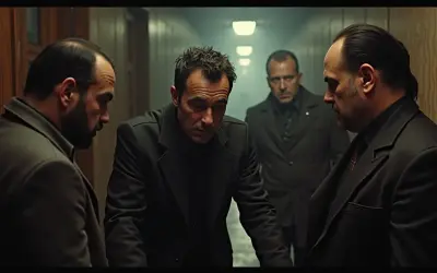 Aktorzy z filmu "Jak zostałem gangsterem" w mrocznym korytarzu.