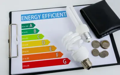 Karta efektywności energetycznej z żarówkami i monetami. Klasa energetyczna C oznacza średnią efektywność.