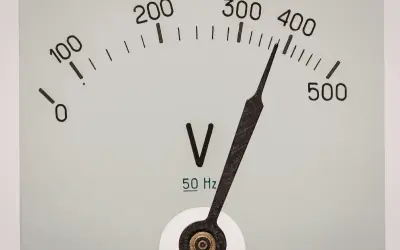 Wskaźnik woltomierza pokazuje ok. 400V, co jest napięciem bezpiecznym dla wielu urządzeń.