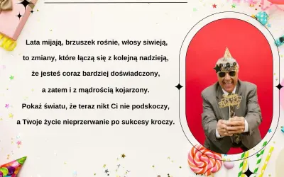 Wesoły pan w okularach i czapce urodzinowej, trzymający napis "Happy Birthday". Obok wierszyk, który może posłużyć jako śmieszne wierszyki dla koleżanki.