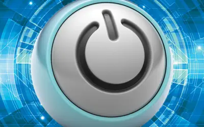 Przycisk zasilania na tle cyfrowej sieci. Symbolizuje automatyczne wyłączanie komputera i oszczędzanie energii.