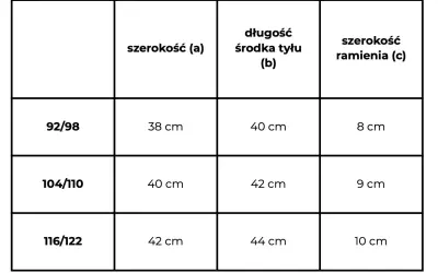 Tabela rozmiarów odzieży: dla dziecka w wieku 6 lat jaki rozmiar wybrać? Wymiary w cm: szerokość (a) 38, długość (b) 40, szerokość ramienia (c) 8.
