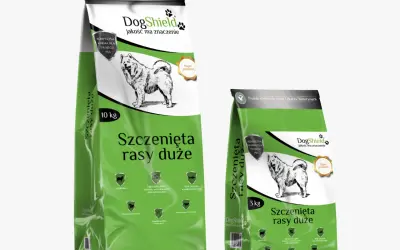 Dwie torby karmy DogShield dla szczeniąt ras dużych. Czy dorosły pies może jeść karmę dla szczeniąt? Ta karma jest dla nich.