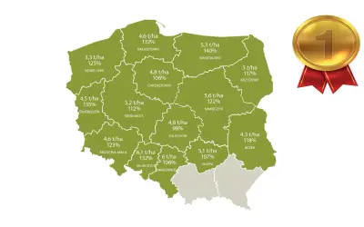 Mapa Polski z zaznaczonymi regionami i wynikami plonów. Złoty medal z numerem 1 symbolizuje sukces. Kws lauros osiągnął tu wysokie wyniki.