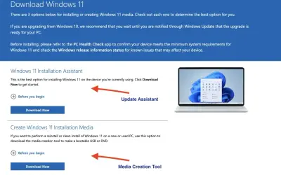 Strona z opcjami jak zainstalować Windows 11: Asystent Instalacji i Narzędzie do tworzenia nośnika.
