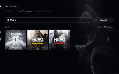 Biblioteka gier z wyszukaniem "Metro". Widoczne okładki gier: Metro Exodus, Metro Last Light Redux i Metro 2033 Redux.
