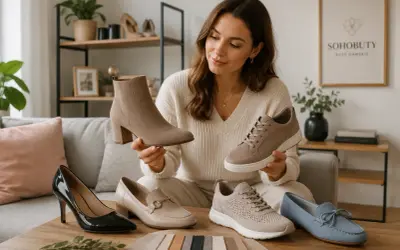 Kobieta prezentuje różne modele butów, w tym botki i sneakersy. Wiele z nich wykonano z wysokiej jakości materiału syntetycznego, który zapewnia komfort i trwałość.