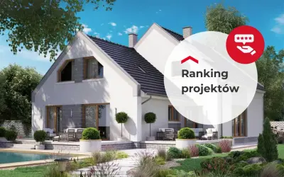 Nowoczesny dom wielopokoleniowy z basenem i zadbanym ogrodem. W tle okrągły element z napisem "Ranking projektów" i ikonką gwiazdek.