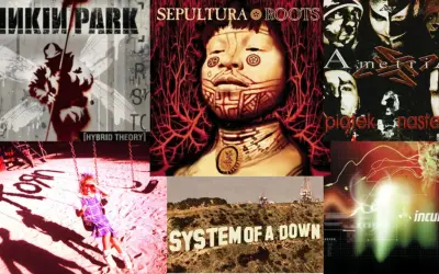 Kolaż okładek płyt Linkin Park, Sepultury, Amenrii, Korn, System of a Down i Incubus – klasyki nu metalu.