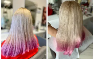 Długie, blond włosy z różowym ombre, po zabiegu krioterapii włosów wyglądają na zdrowsze i bardziej lśniące.