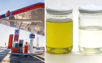 OKQ8-mack med pumpar och två burkar med vätska, en gul och en klar, som kan vara diesel.
