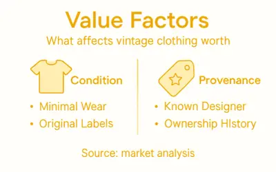 Value factors for vintage clothing: condition (minimal wear, original labels) and provenance (known designer, ownership history).