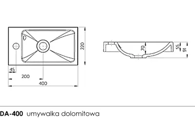 Rysunek techniczny przedstawia wąska umywalka ADA-400 o wymiarach 400x220 mm, z zaznaczonymi głębokościami i szerokościami.