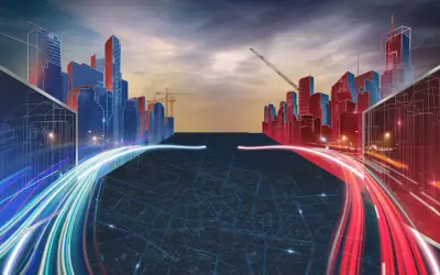 Futurystyczne miasto w budowie, z neonowymi światłami i liniami ruchu, jakby to była gra w budowę miasta.