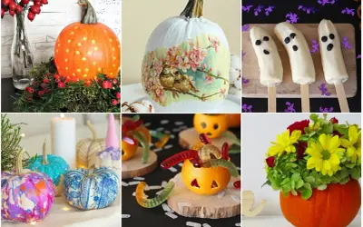 Inspirujące pomysły na halloween dekoracje: świecąca dynia, dynia z ptaszkami, banany-duchy, kolorowe dynie, pomarańcze z żelkami i dynia z kwiatami.