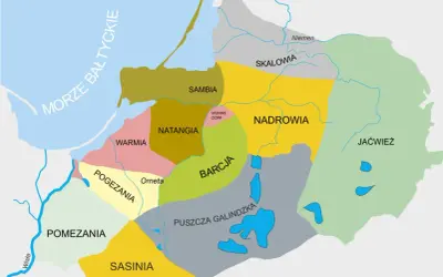 Mapa historycznych ziem Prusów: Sambia, Natangia, Warmia, Pomezania, Pogezania, Sasinia, Barcja, Skalovia, Nadrowia, Jaćwież.