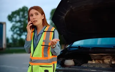 Kobieta w kamizelce odblaskowej rozmawia przez telefon przy otwartej masce samochodu. Jej rozbiegany diesel odmówił posłuszeństwa.