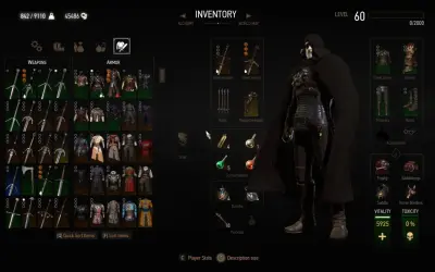 Geralt w zbroi, przegląda ekwipunek w grze Wiedźmin 3. Widać bronie, pancerze i przedmioty, które można zdobyć dzięki modom do Wiedźmina 3.