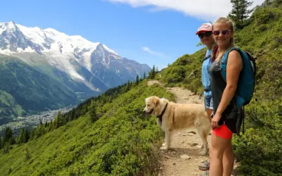 Randonnée à Chamonix avec son chien, profitant d'une vue imprenable sur le massif du Mont-Blanc.