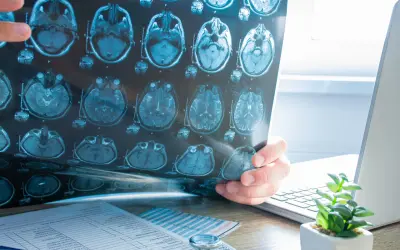 Un médecin examine un IRM cérébral, cherchant des indices sur l'oreille interne.