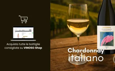 Un bicchiere di vino bianco, un blanc de blancs, accanto a una bottiglia di Chardonnay italiano Colle di Maggio. Acquista su VINOSO Shop.