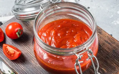 Domowy passata pomidorowa przepis. Słoik pełen gęstego sosu pomidorowego, obok świeże pomidory na desce.