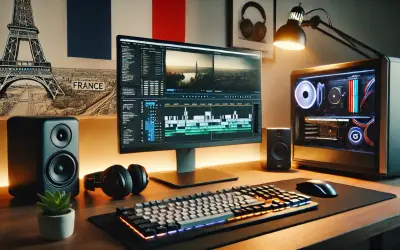 Bureau de montage vidéo ordinateur, avec écran affichant une timeline, tour PC lumineuse, enceintes, casque et clavier gaming.