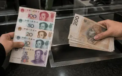 Ręka trzyma stos banknotów chińskiej waluty: 100, 50, 20, 10 i 5 juanów. Druga ręka podaje polskie banknoty 200 złotych.