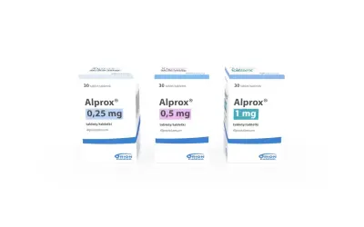 Trzy opakowania leku Alprox o różnych dawkach: 0,25 mg, 0,5 mg i 1 mg. Każde zawiera 30 tabletek.